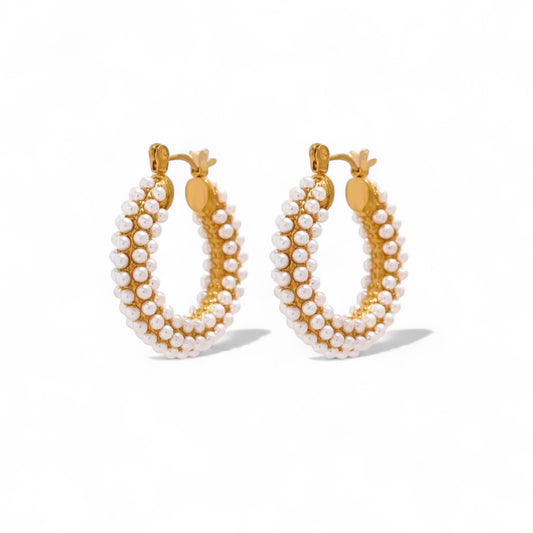 Romantic Pearl Elegance – Exquisite Stainless Steel Huggie Hoop Earrings with Imitation Pearls | Chic & Timeless Fashion Jewelry”