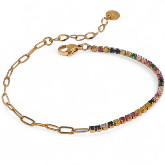 Elegant Dainty Gold-Plated Chain Bracelet for Women – Colorful Cubic Zirconia in 18K Gold Stainless Steel | Exquisite New Fashion Jewelry