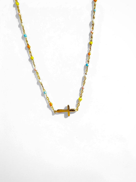 Delicate Cross Necklace with Multicolor beads