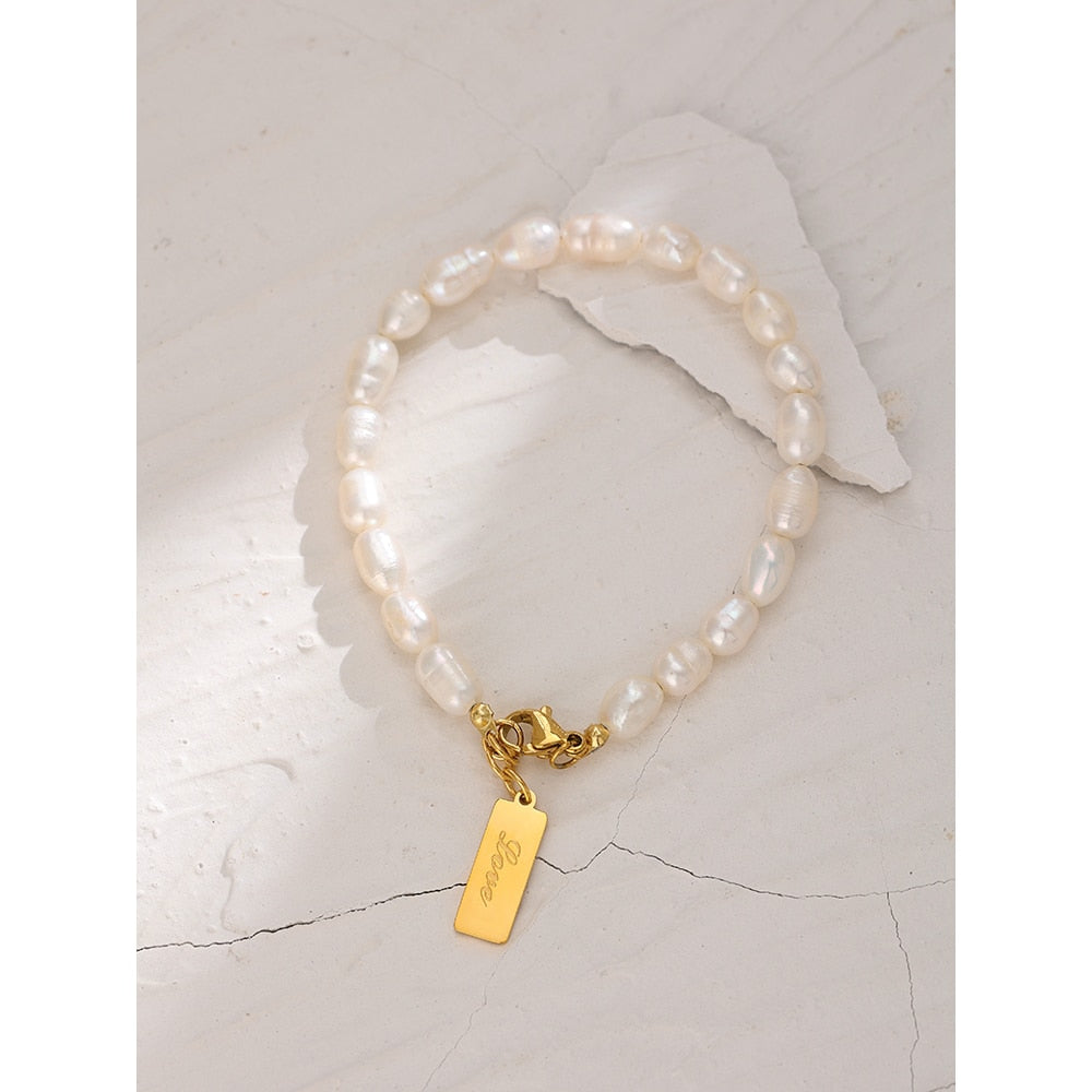 Stainless Steel Natural Pearl Bracelet Stylish Chain LOVE