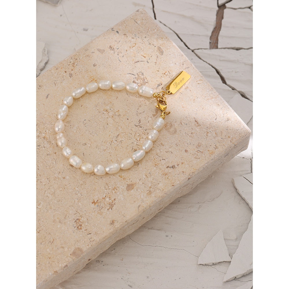 Stainless Steel Natural Pearl Bracelet Stylish Chain LOVE