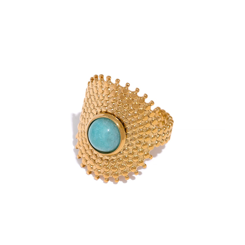 Natural Turquoise Stone Shell Cross Square Stainless Steel Bohemian Ring