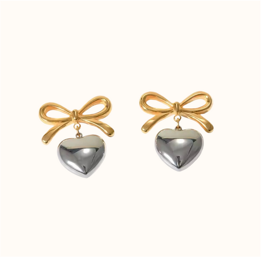 Double tone bow and heart earrings